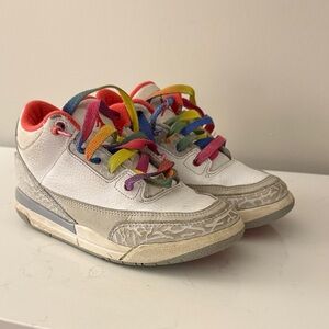 Little Kids Nike Air Jordan 3 Retro Sneakers White with Rainbow Laces 13c 2/$20